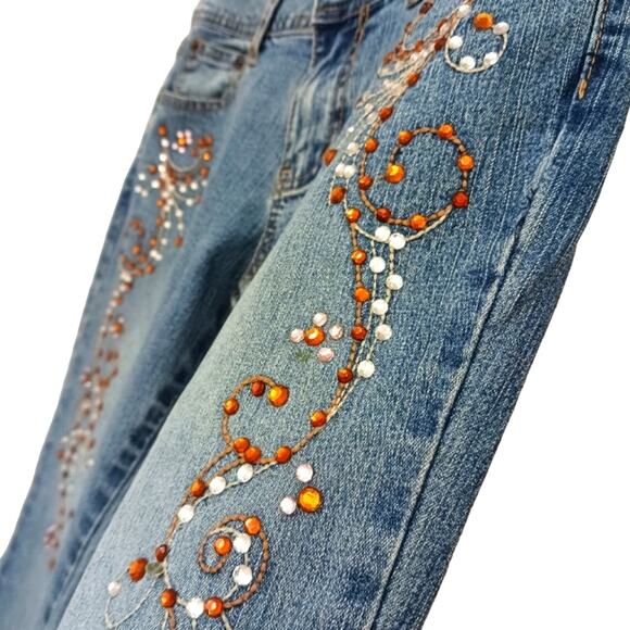 Vntg Angels Jeans Womens JR Sz 7 Blue Flare Crystals Embellished Boho Glam Gypsy - Picture 2 of 16